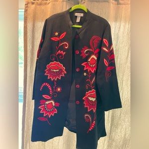 Indigo Moon Black Long Jacket - Red Floral Embroidery Cotton Duster Coat